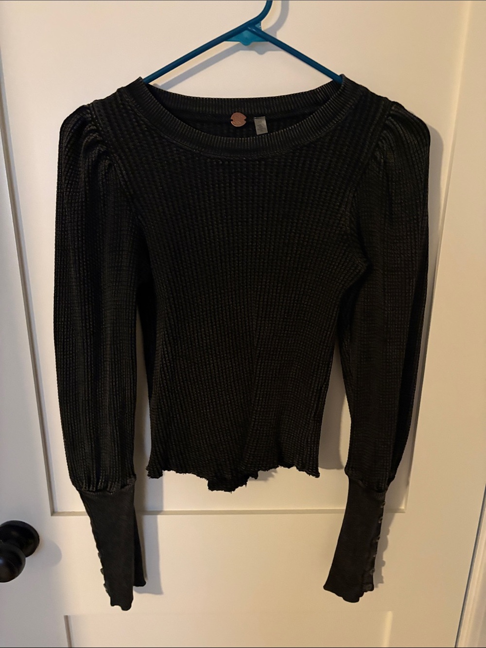 Women's Black Ribbed Long-Sleeve Top with Button Cuff Detail